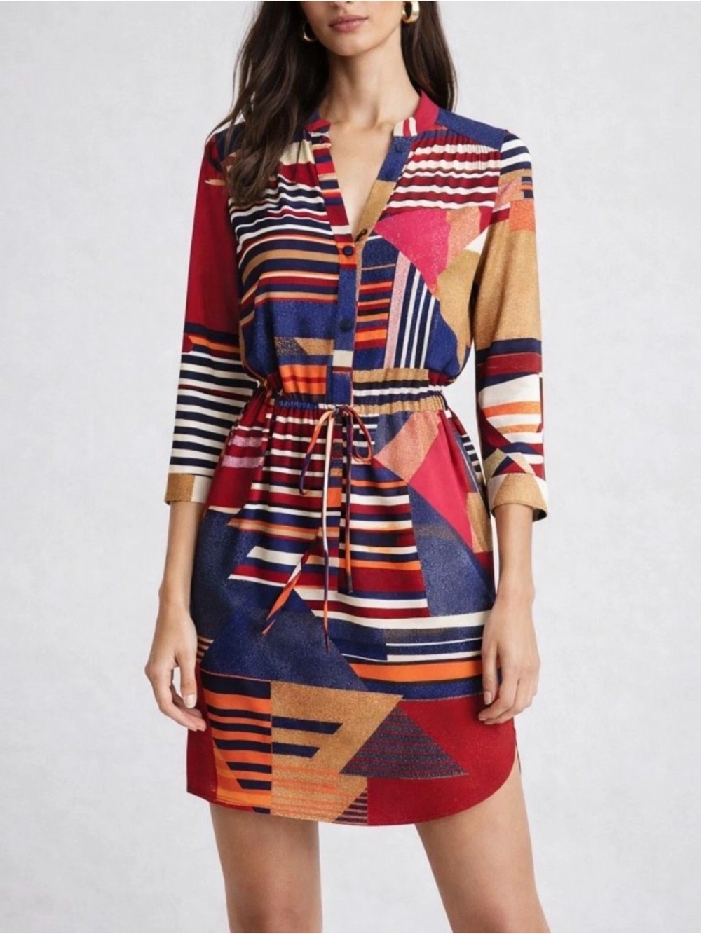 DVF Freya Geometric Silk Print Drawstring Waist Shirt Dress - Multi-Color 10
